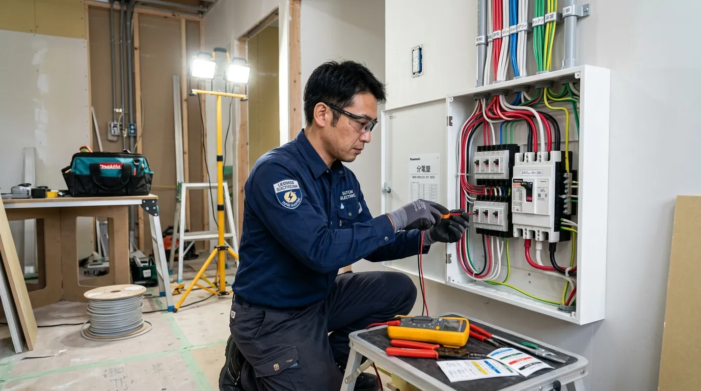 新設された分電盤と整然と整理された幹線ケーブルの電気配線工事
