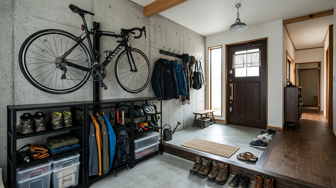 壁面にロードバイクを掛け、オープンラックにアウトドア用品を整然とディスプレイした多機能土間収納
