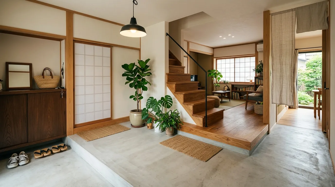 観葉植物と柔らかな間接照明が彩る、温もりと清潔感に満ちたモダンな玄関土間