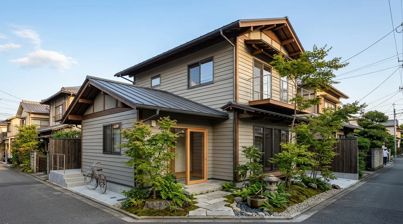 外壁と屋根のメンテナンスを終え、落ち着いたグレージュの外観に生まれ変わった築古木造住宅