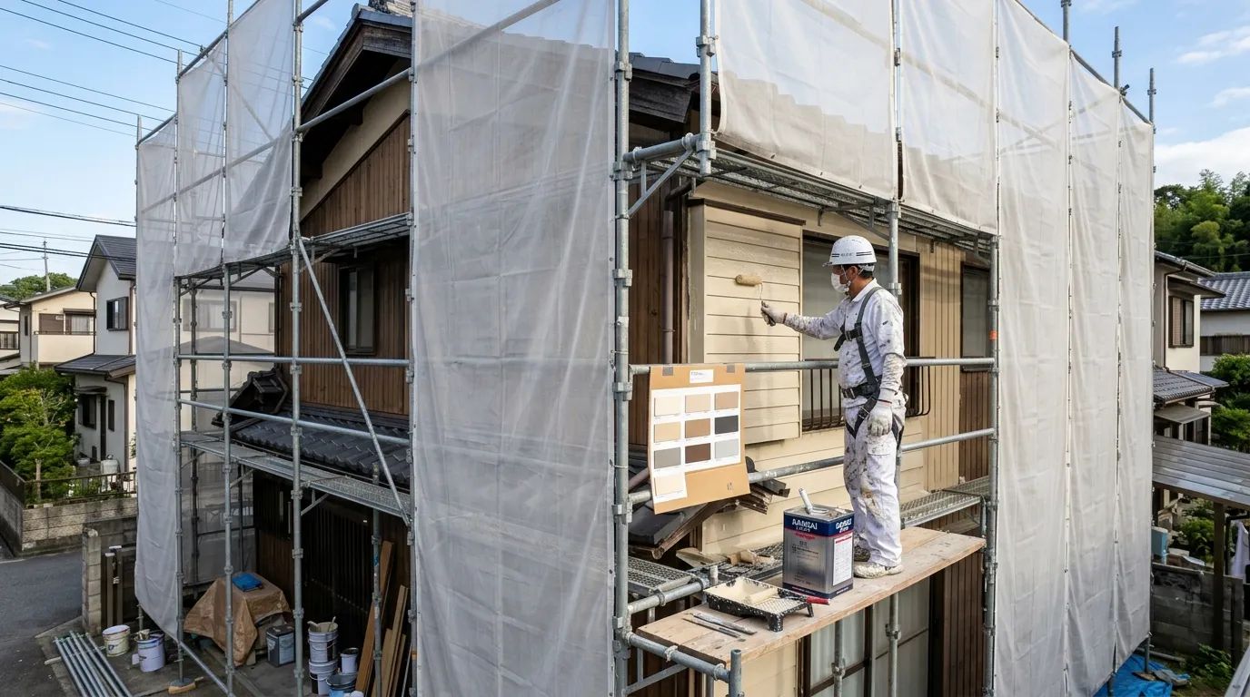 足場とメッシュシートで覆われた住宅で、職人がローラーで外壁を塗装している様子