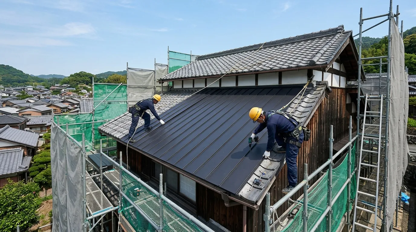 既存のスレート屋根の上にガルバリウム鋼板を重ねるカバー工法の施工風景