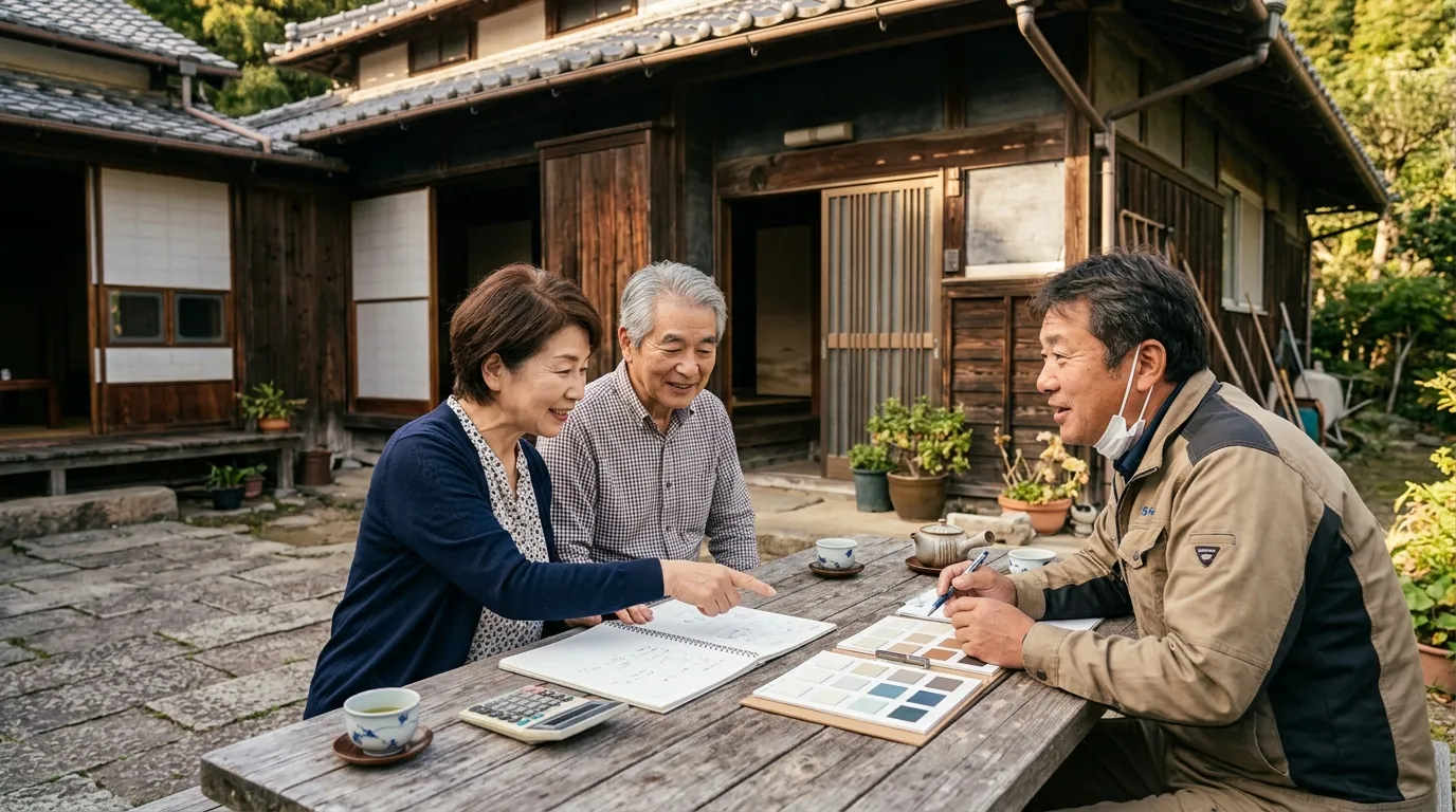 施工業者と外壁の色見本や見積書を確認しながら打ち合わせをする夫婦