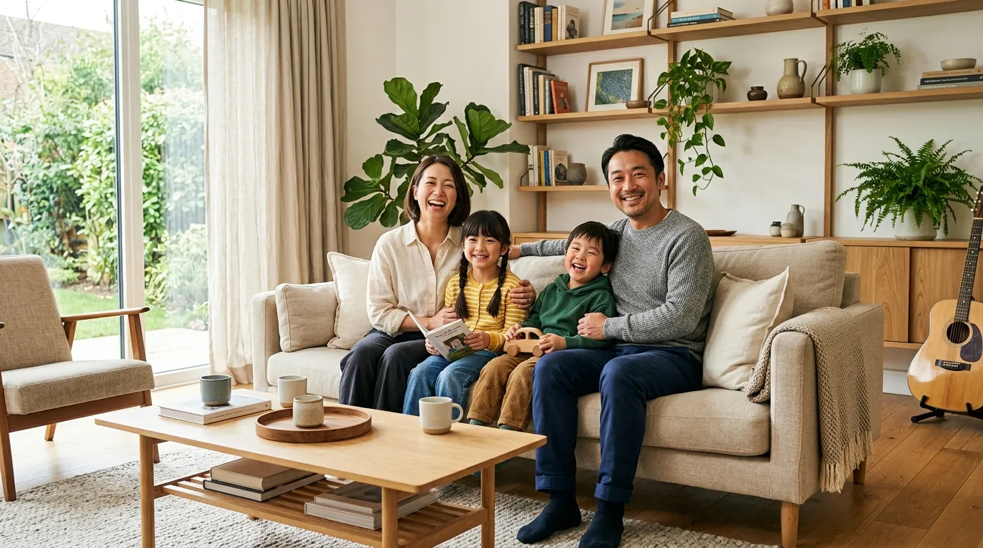 パートナーと照明の配置イメージを話し合う夫婦。照明計画は家族の意見を揃えてから確定したい